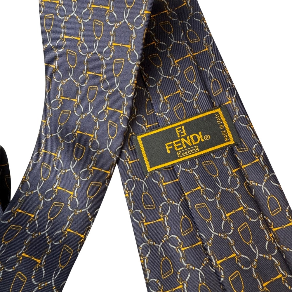 Fendi Foularard Silk Tie Navy Equestrian Bit Chain Stirrup Pattern Made in Italy